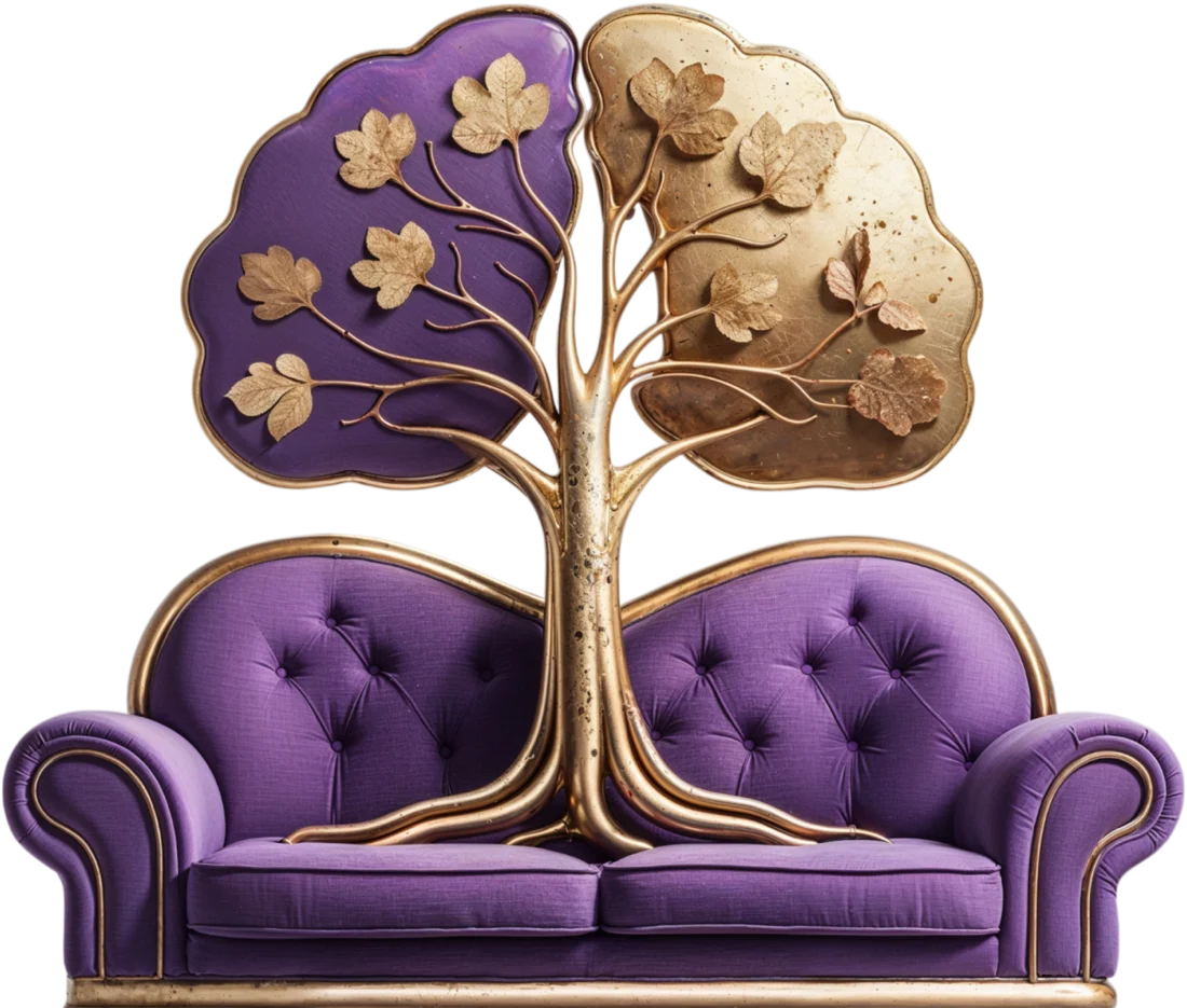 Mental Sofa: a tufted sofa from which rises a tree with two crowns of leaves, one violet, the other gold.